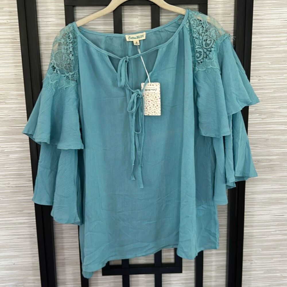 NWT Cotton Bleu slate blue peasant style blouse with lace shoulder detail size S
